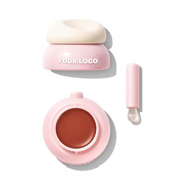 CUSTOM LIP BALM IN PINK POT WITH MINI SPATULA – 8 COLORS – PRIVATE LABEL HYDRATING FORMULA WITH BUILT-IN BRUSH