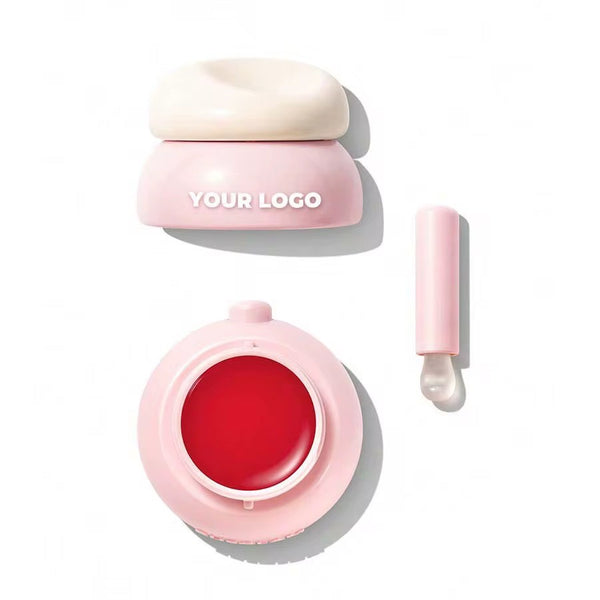 CUSTOM LIP BALM IN PINK POT WITH MINI SPATULA – 8 COLORS – PRIVATE LABEL HYDRATING FORMULA WITH BUILT-IN BRUSH
